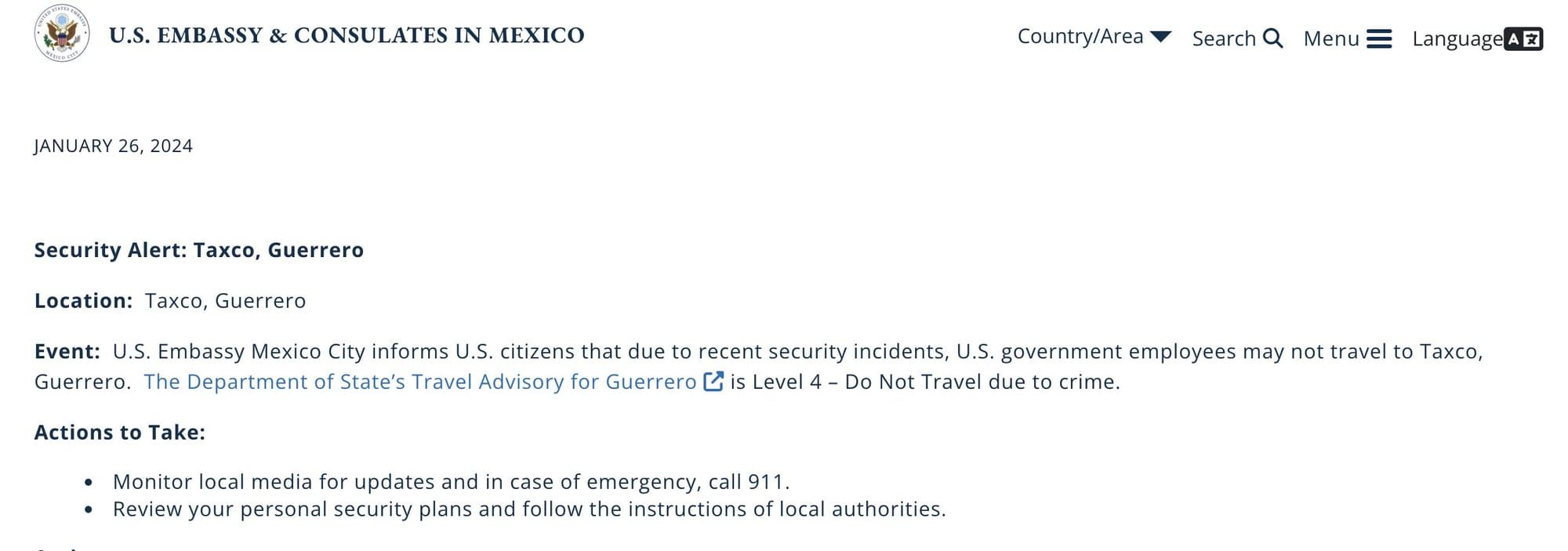 ¡EU EMITE ALERTA DE VIAJE PARA TAXCO!