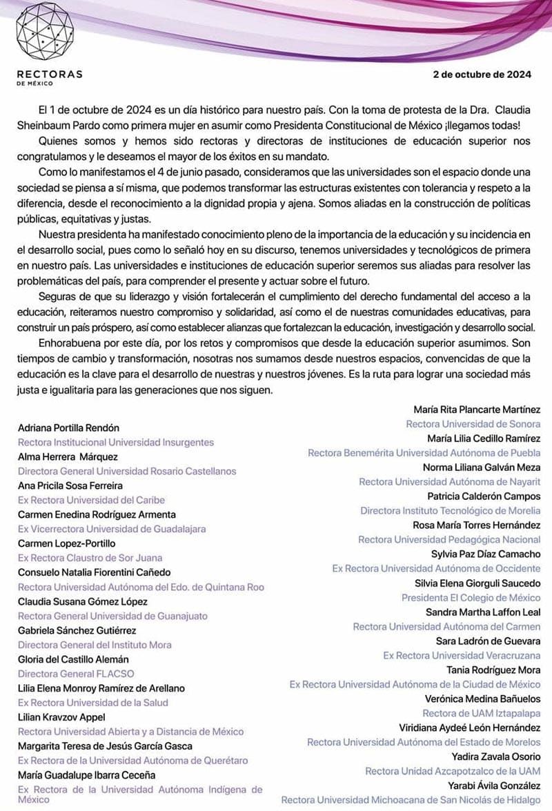 ¡CARTA A CLAUDIA! - DE RECTORAS Y EX RECTORAS