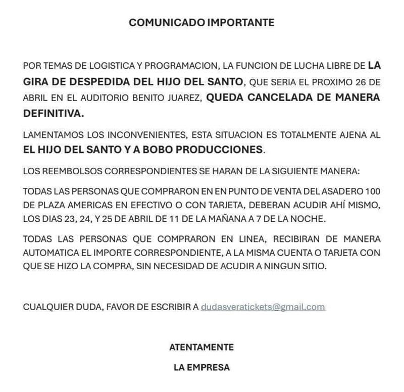 ¡CANCELADA OFICIALMENTE DESPEDIDA DE EL HIJO DEL SANTO EN VERACRUZ!