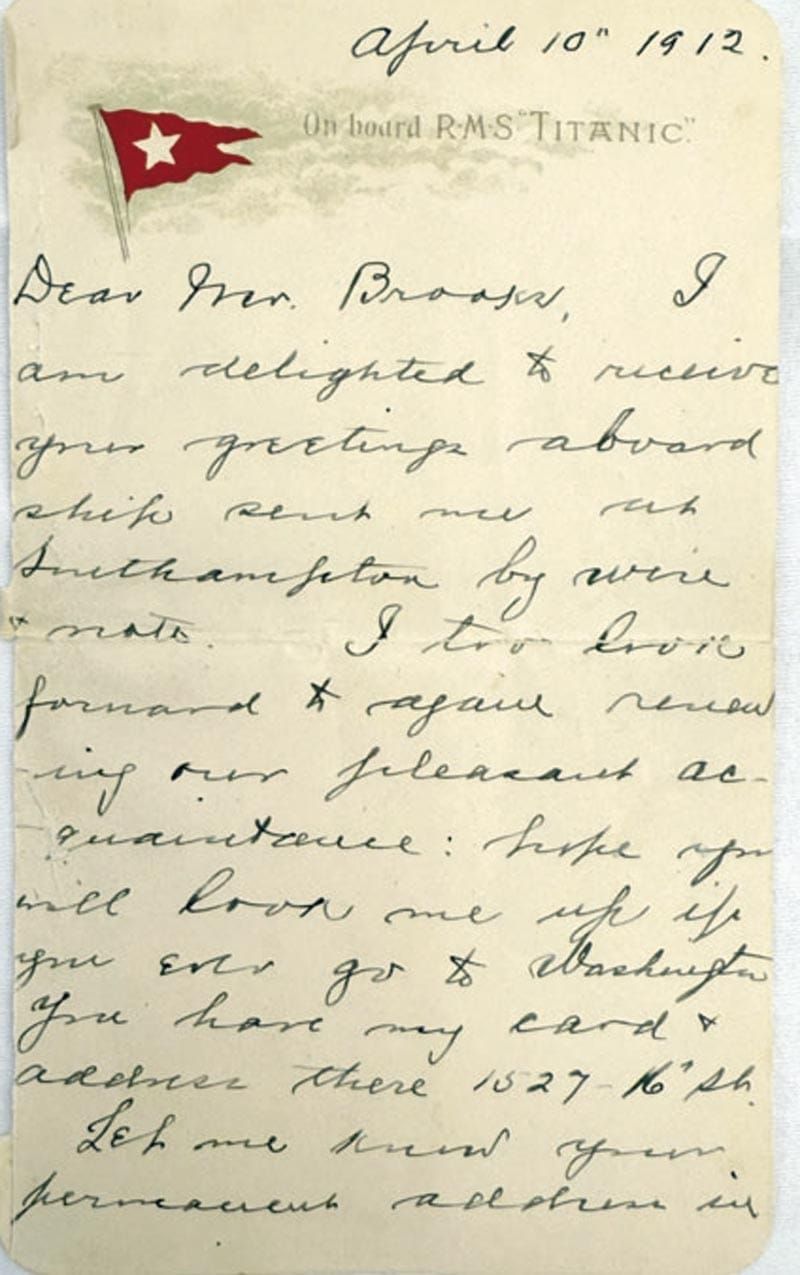 ¡SUBASTAN EN $400.000 DÓLARES CARTA ESCRITA  A BORDO DEL TITANIC!