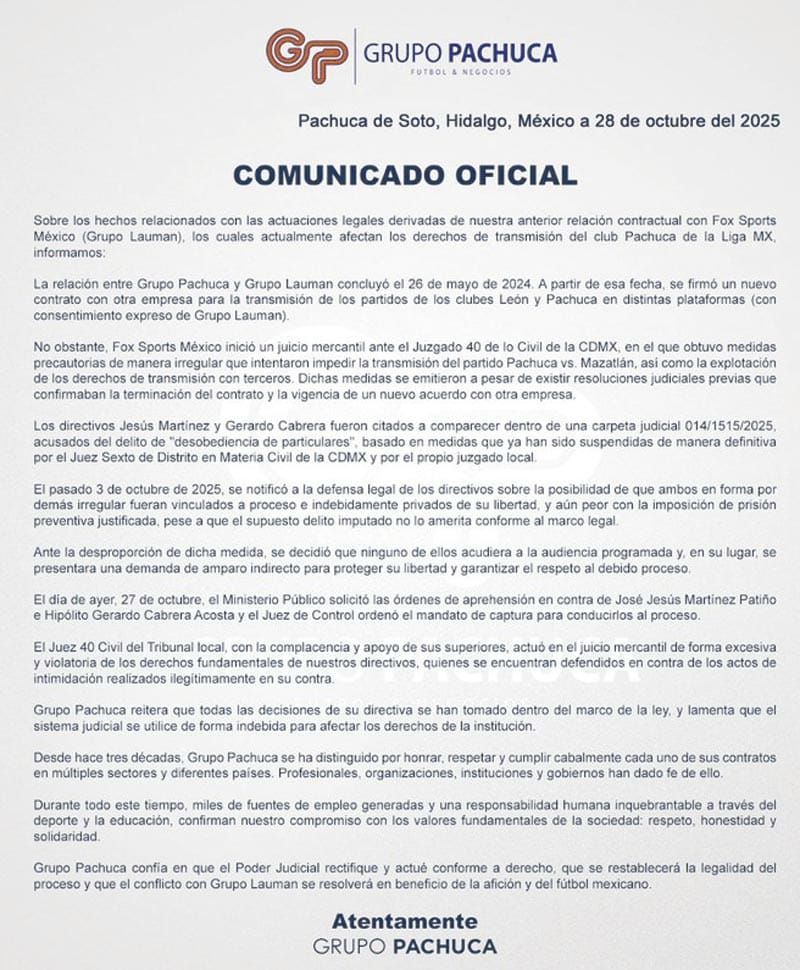 ¡RESPONDE GRUPO PACHUCA A ORDEN DE APREHENSIÓN!