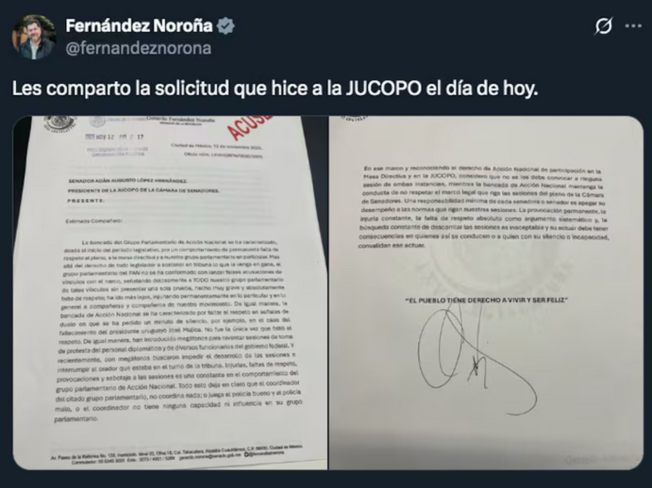 ¡ADÁN AUGUSTO BATEA PETICIÓN DE NOROÑA PARA EXCLUIR AL PAN DE LAS REUNIONES DE LA JUCOPO Y DE LA MESA DIRECTIVA!