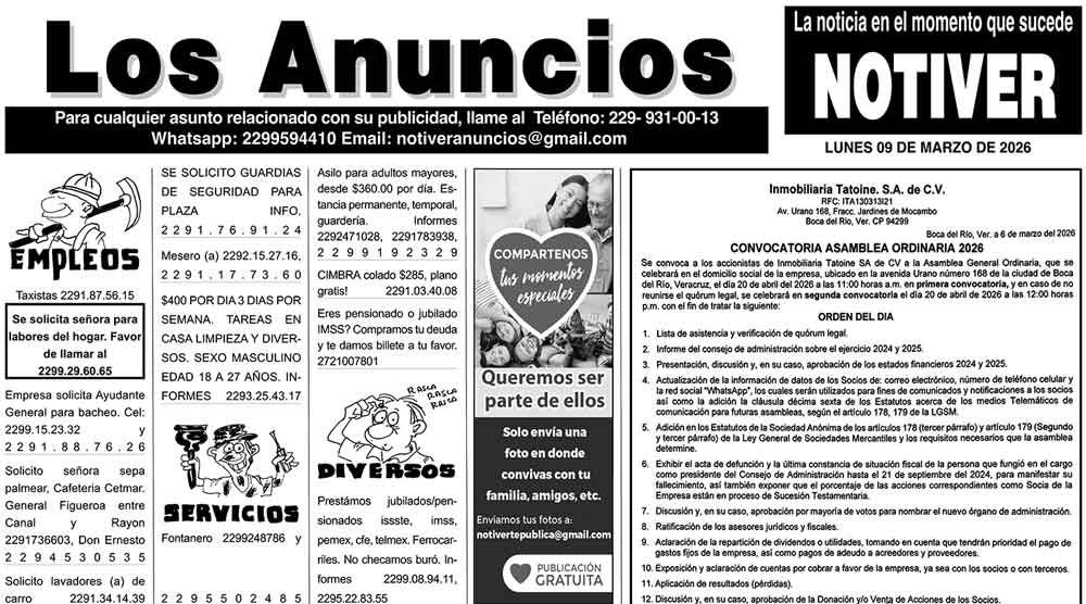 ...LOS ANUNCIOS, AVISOS Y DEMÁS! - LUNES, 09 DE MARZO 2026