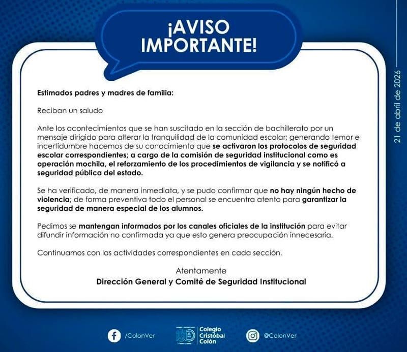 ¡ACTIVAN EL OPERATIVO MOCHILA! - *En bachillerato del Cristóbal Colón, tras amenaza