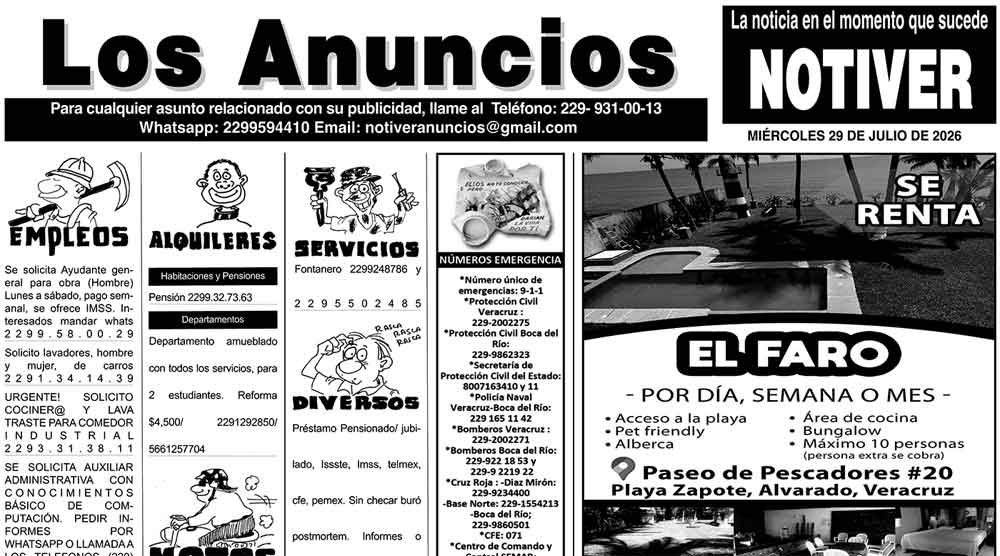 ...LOS ANUNCIOS, AVISOS Y DEMÁS! - MIÉRCOLES, 29 DE JULIO 2026