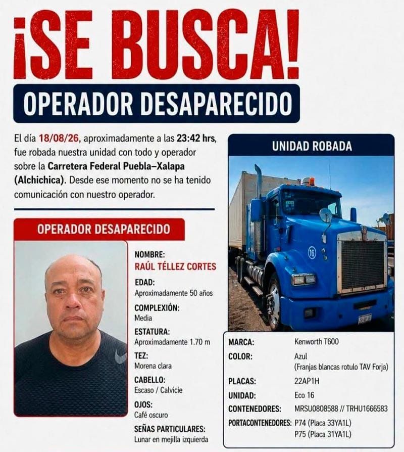 ¡BUSCAN A OPERADOR DE TRÁILER DESAPARECIDO EN LA CARRETERA PUEBLA-XALAPA!