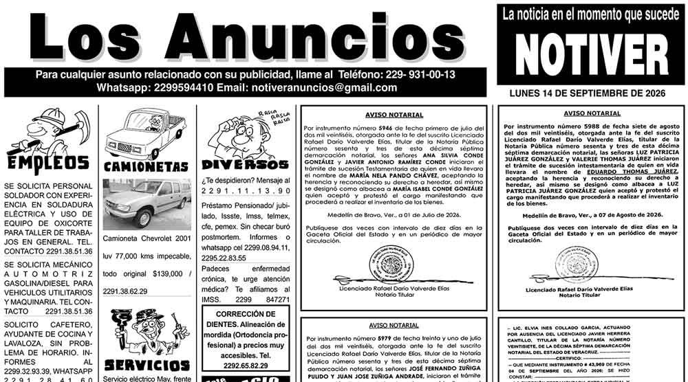 ...LOS ANUNCIOS, AVISOS Y DEMÁS! - LUNES, 14 DE SEPTIEMBRE 2026