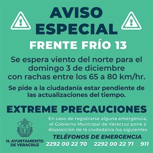 ¡TODOS ALERTAS! -* Por la entrada del Frente Frío No.13 se esperan vientos del norte con rachas entre los 65 a 80 kph dice Pati-Yu