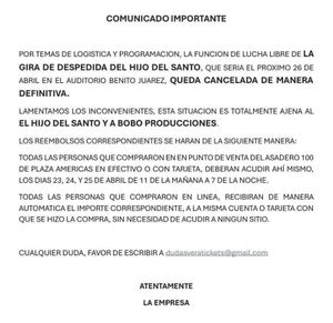 ¡CANCELADA OFICIALMENTE DESPEDIDA DE EL HIJO DEL SANTO EN VERACRUZ!