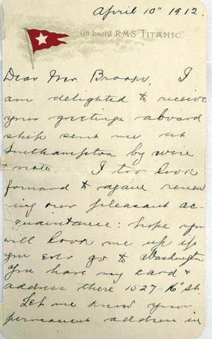 ¡SUBASTAN EN $400.000 DÓLARES CARTA ESCRITA  A BORDO DEL TITANIC!