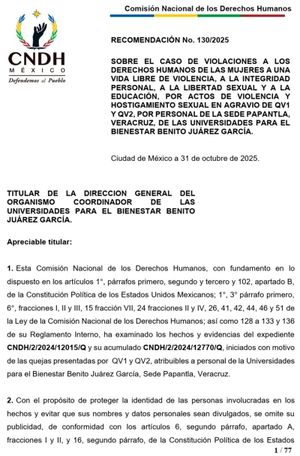 ¡BAJO LA LUPA LA U. BIENESTAR! - *Por caso de violencia sexual la CNDH emite recomendación