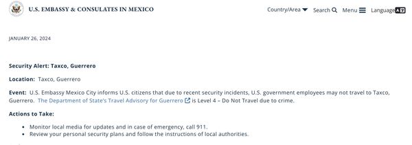 ¡EU EMITE ALERTA DE VIAJE PARA TAXCO!