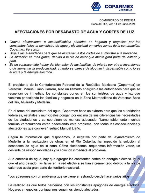 ¡GRAVES AFECTACIONES POR DESABASTO DE AGUA DENUNCIA COPARMEX!