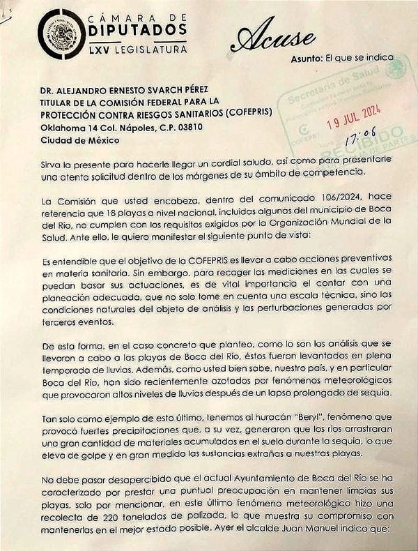 ¡CARTEAN A COFEPRIS! - “Los análisis que se llevaron en las playas de Boca del Río, fueron levantados en plena temporada de lluvias”