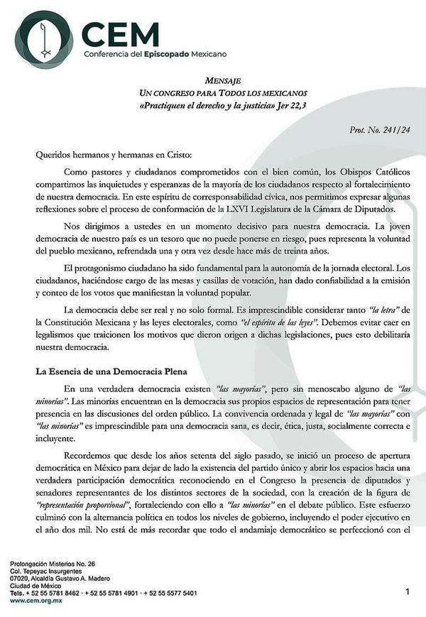¡PRESIONAN OBISPOS! - *No quieren la sobrerrepresentación *Que “se respete tanto la letra como el espíritu de las Leyes”