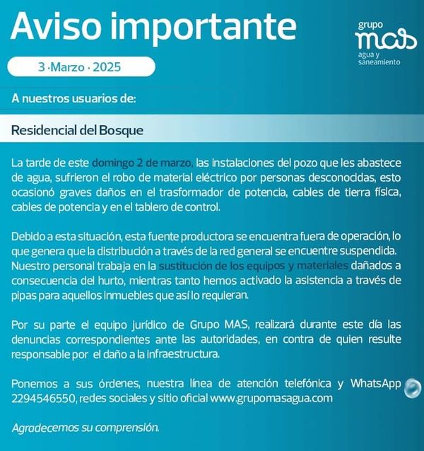 ¡‘RATAS’ DEJAN SIN CABLES A POZO DEL GRUPO MAS! - NO HAY AGUA EN EL FRACCIONAMIENTO RESIDENCIAL DEL BOSQUE