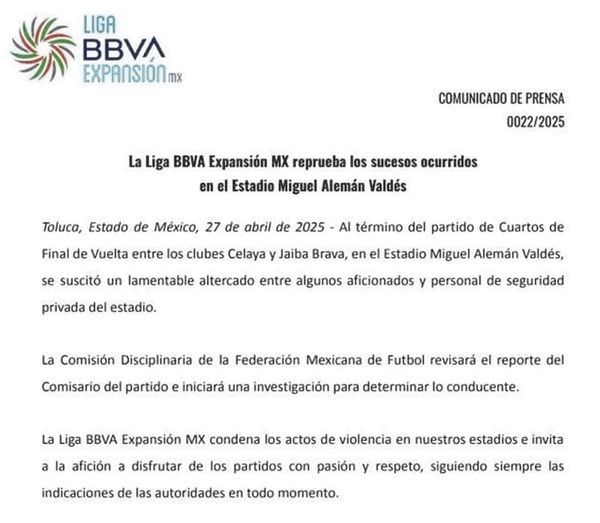 ¡REPRUEBA LIGA DE EXPANSIÓN LO OCURRIDO EN CELAYA; INDAGAN!