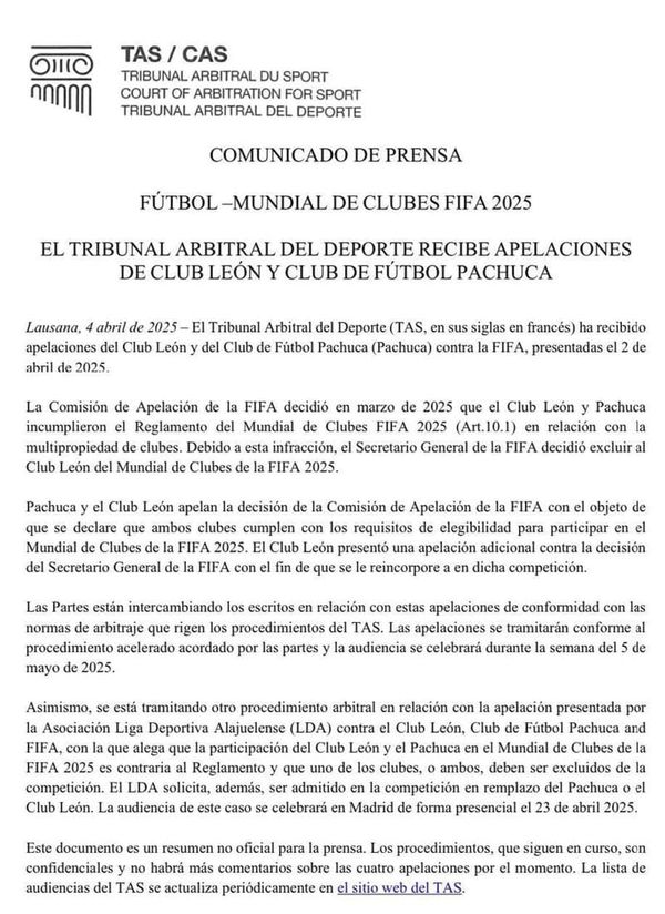 ¡SE AFERRAN AL MUNDIAL! - *El club León le pide ayuda al TAS quienes tendrán la última determi8nación