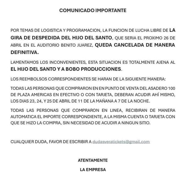 ¡CANCELADA OFICIALMENTE DESPEDIDA DE EL HIJO DEL SANTO EN VERACRUZ!
