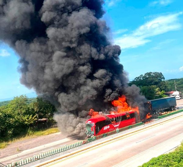 ¡‘INFIERNITO’ EN LA AUTOPISTA! - AUTOBUS ADO Y UN TRACTOCAMION ARDIERON EN UNA CARAMBOLA