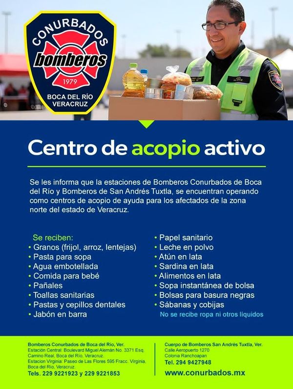 ¡BOMBEROS CONURBADOS ACTIVAN CENTRO DE ACOPIO EN APOYO A AFECTADOS! - POR LLUVIAS EN EL NORTE DE VERACRUZ