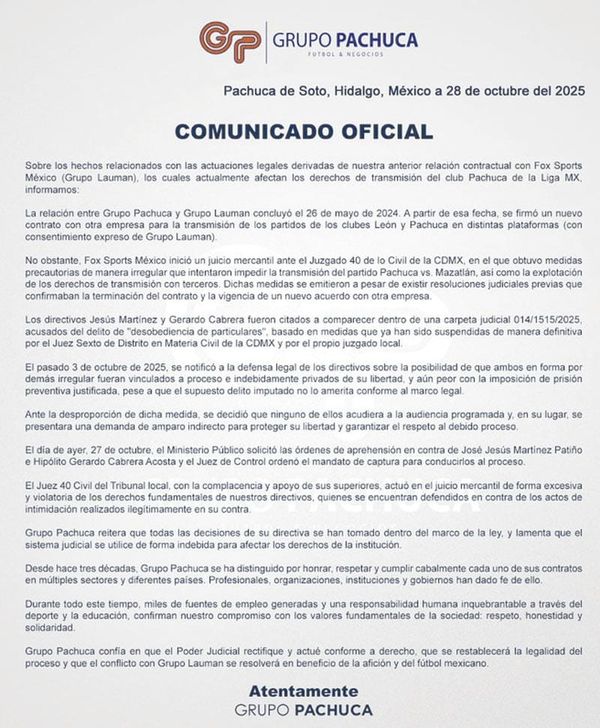 ¡RESPONDE GRUPO PACHUCA A ORDEN DE APREHENSIÓN!