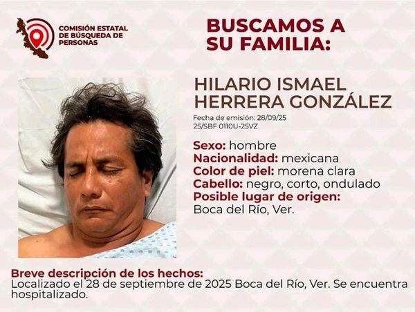 ¡BUSCAN A LA FAMILIA DE HILARIO ISMAEL INTERNADO EN UN HOSPITAL DE BOCA DEL RÍO!