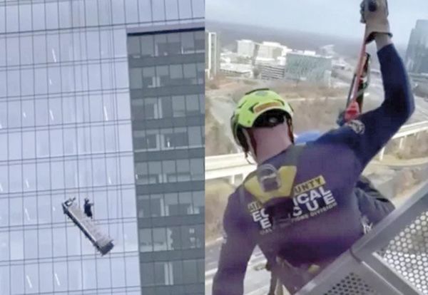 ¡RESCATAN A 2 LIMPIADORES DE VENTANAS DE UN EDIFICIO DE 15 PISOS!