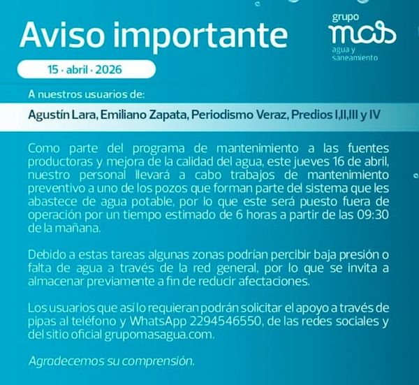¡CORTARÁN EL AGUA! - *Por mantenimiento afectará colonias