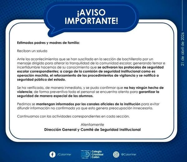 ¡ACTIVAN EL OPERATIVO MOCHILA! - *En bachillerato del Cristóbal Colón, tras amenaza