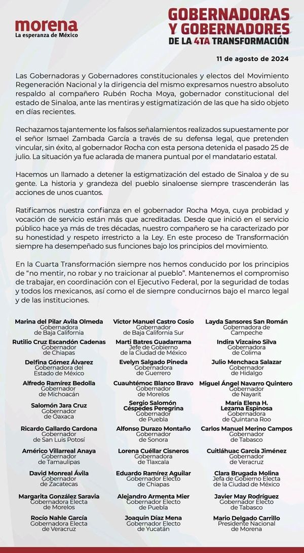 ¡“ESTABAN” CON ROCHA MOYA! - *Bastó que la acusación llegara  del Tribunal de NY para que gobernadores de Morena recularan