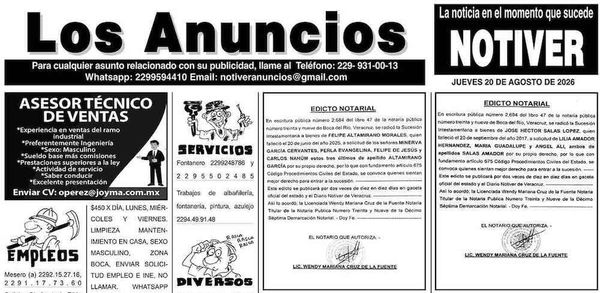 ...LOS ANUNCIOS, AVISOS Y DEMÁS! - JUEVES, 20 DE AGOSTO 2026