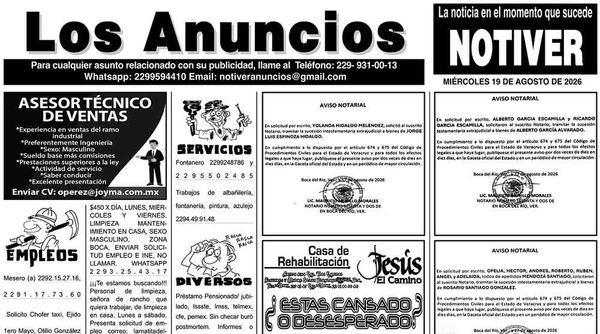 ...LOS ANUNCIOS, AVISOS Y DEMÁS! - MIÉRCOLES, 19 DE AGOSTO 2026