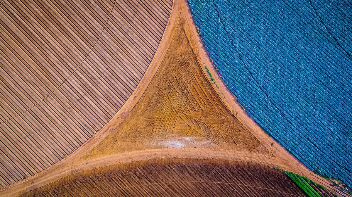 Aerial view of South African farmland showing distinct crop fields and soil management zones.