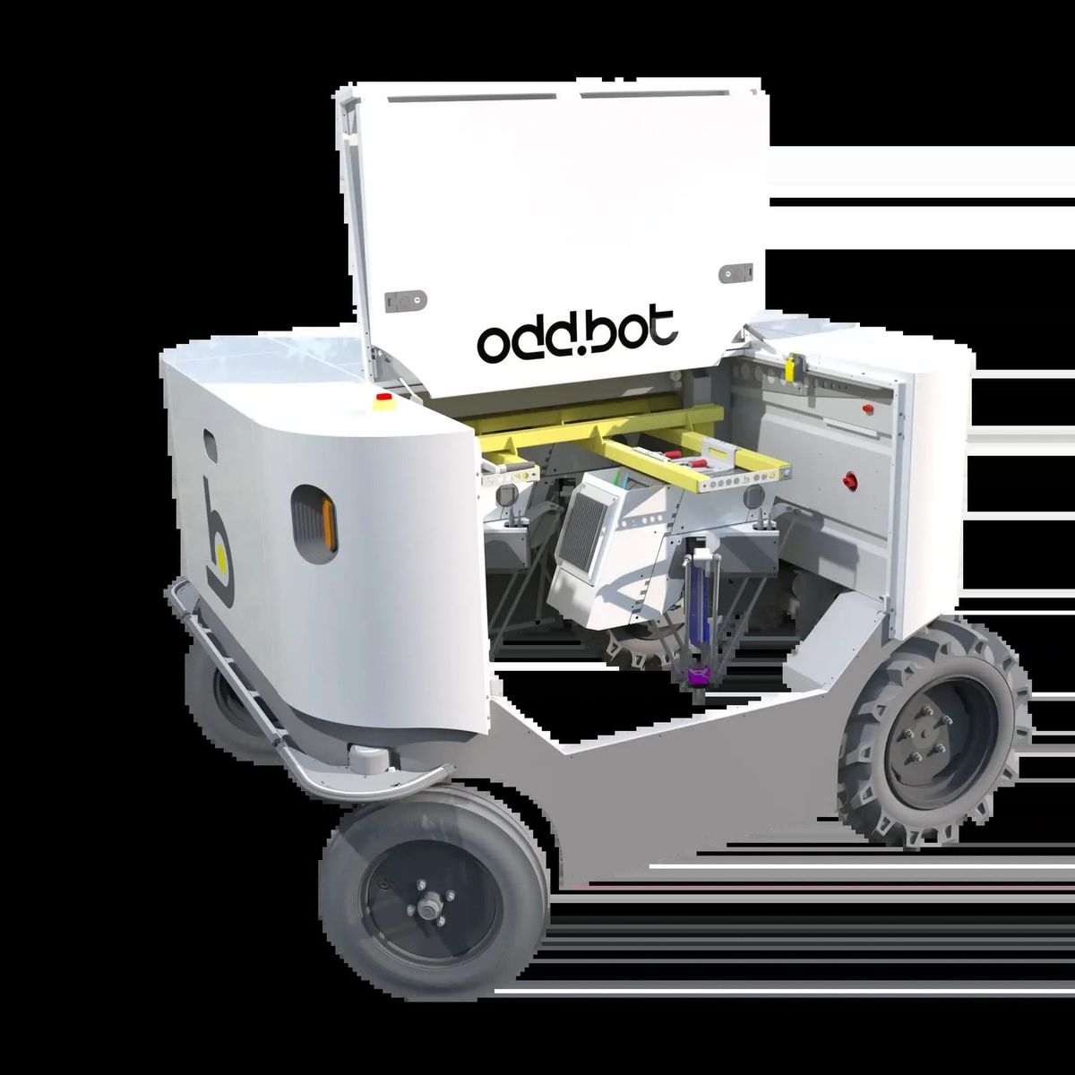 Weeding machine with its hood open showing the internal delta-arm mechanism