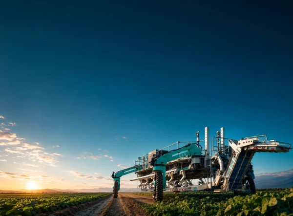 The SAMI multi-arm robotic harvester, a teal and white gantry machine, working a broccoli field at sunset.