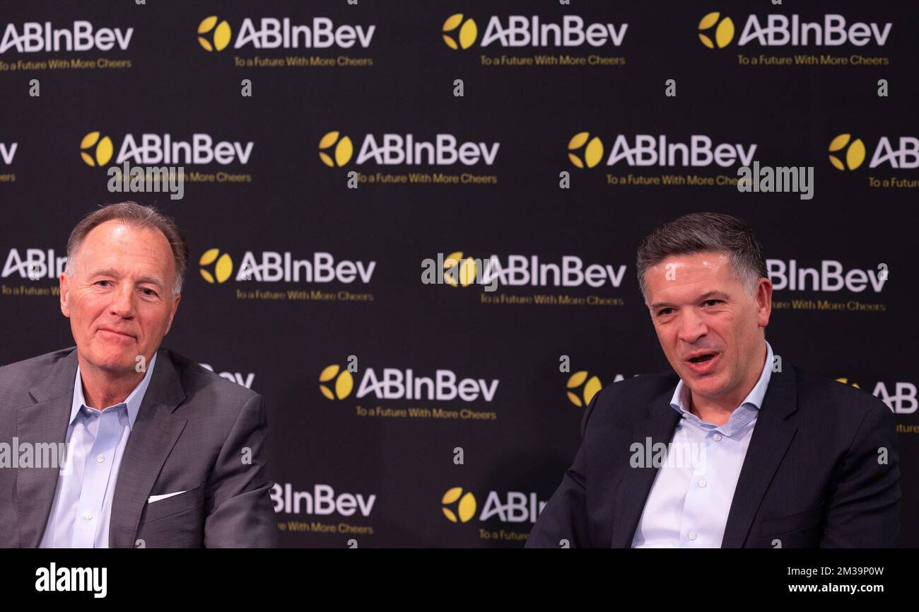 AB InBev Chairman of the Board AB InBev Marty Barrington and AB Inbev CEO  Michel Doukeris pictured during a press conference after a shareholders  meeting of the Anheuser-Busch InBev brewery group, on