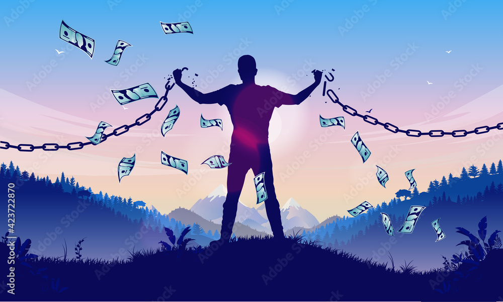 Stockvector Financial independence - Male person breaking chains and  achieving money freedom. Rich and independent concept. Vector illustration.  | Adobe Stock