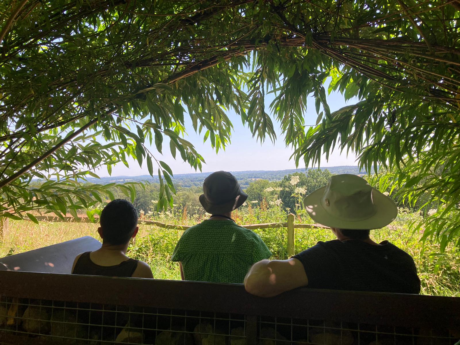 three people seend from behind sitting on a bench looking towards a country view