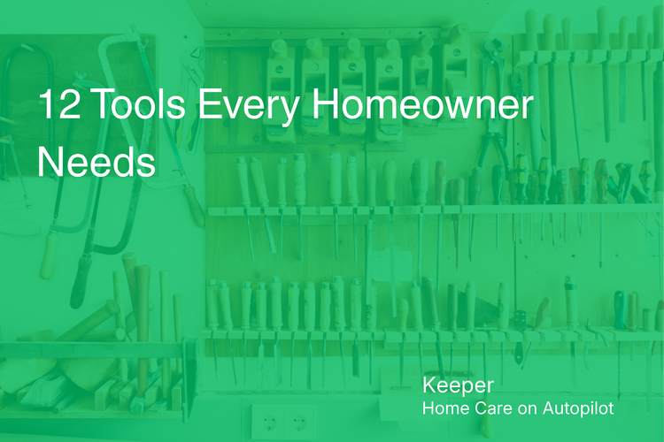 Various home maintenance tools including wrenches, pliers, screwdrivers, and hammers organized on green pegboard background with text "12 Tools Every Homeowner Needs"