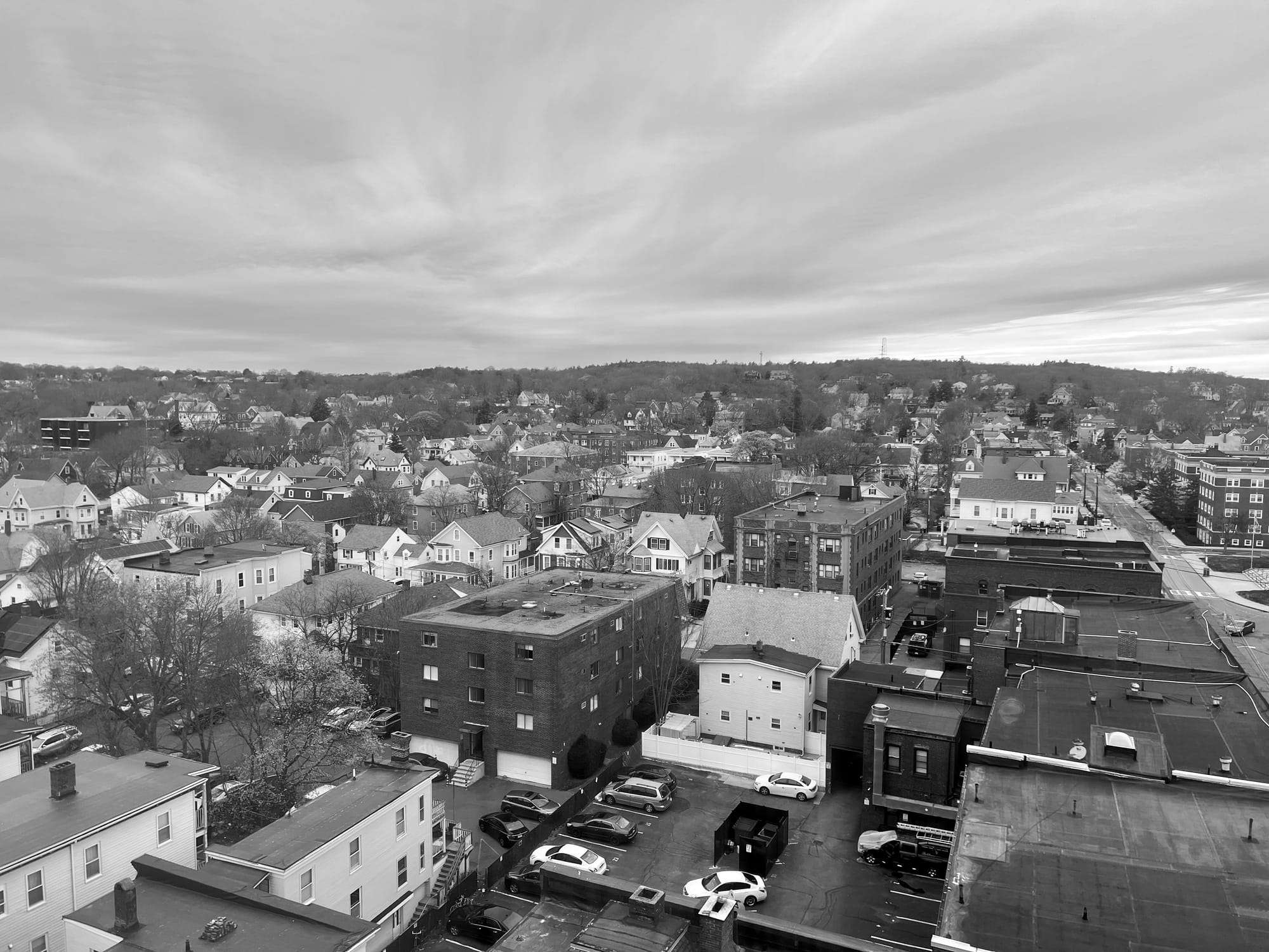 A monochrome image of a suburb in Greater Boston