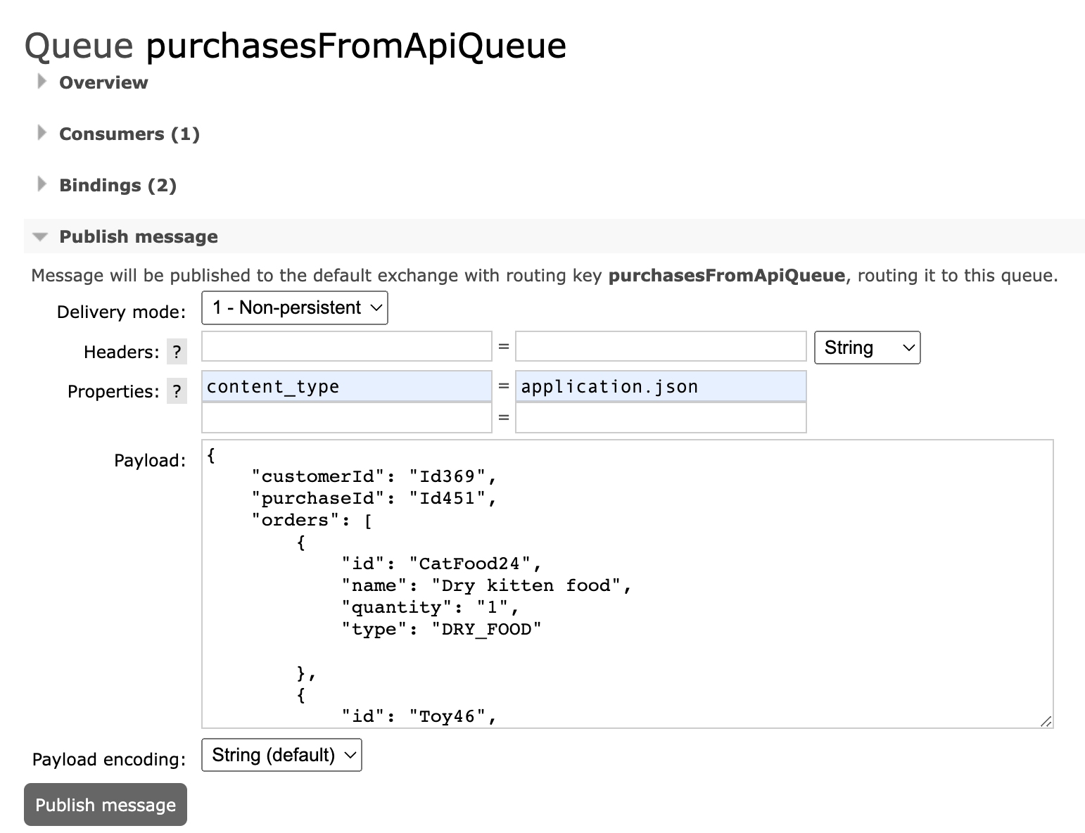 Figure 18 : Envoi de message sur la queue purchasesFromApiQueue