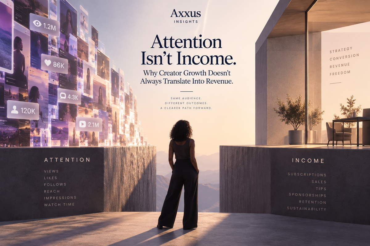 A woman stands between two stone platforms: on the left a wall of glowing social posts with view and like counts labelled Attention, on the right a calm modern studio labelled Income.