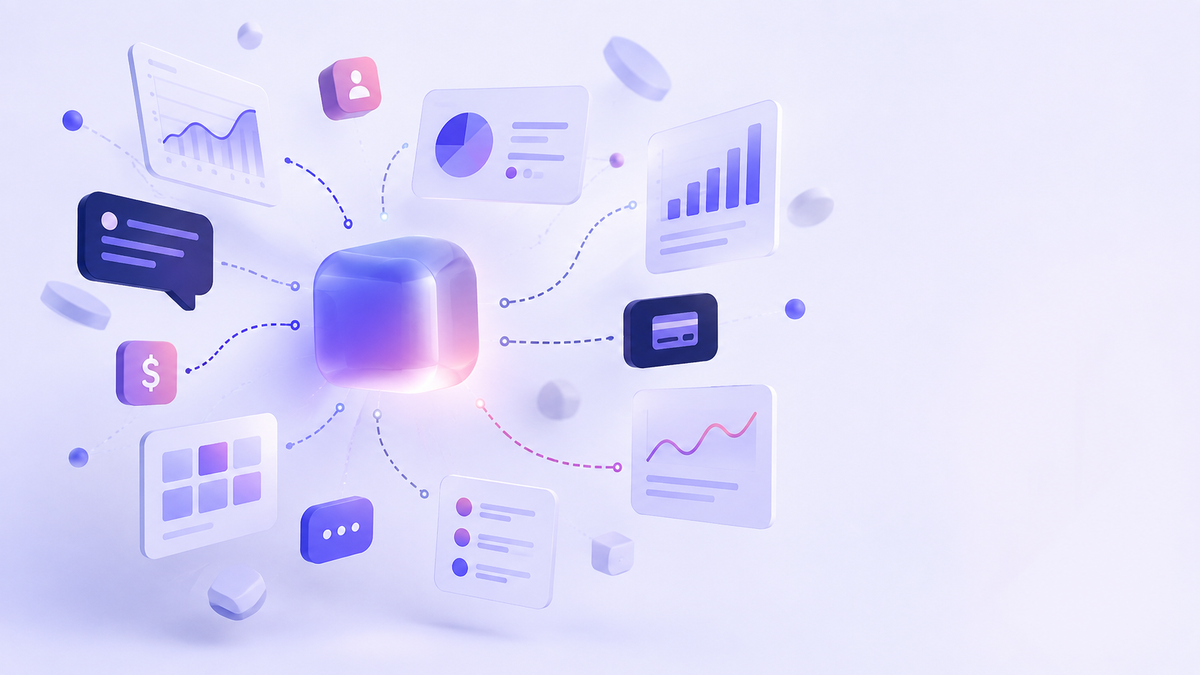 A glowing core surrounded by orbiting dashboard panels, charts and message shapes whose connecting lines almost meet but do not.
