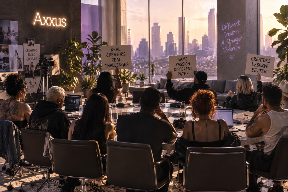 Creators seated around a table in a city office, seen from behind, holding signs that read Real Creators Real Challenges, Same Passion Different Paths and Creators Deserve Better.