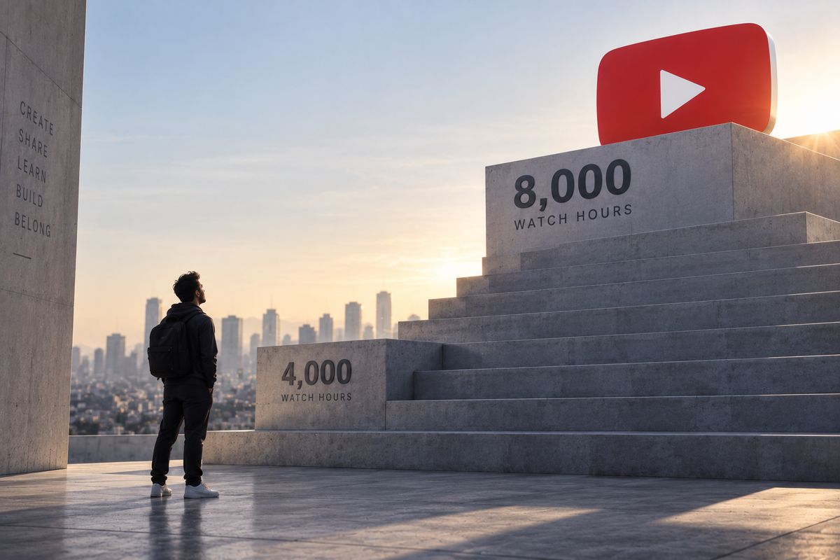 A creator in a backpack looks up at concrete steps marked 4,000 watch hours at the base and 8,000 watch hours at the top, beneath a red YouTube play-button logo at sunrise.