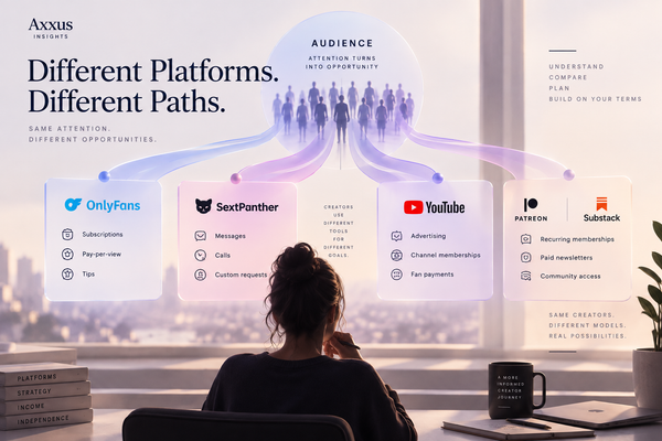 A woman at a desk watches an audience of silhouettes split into paths leading to four cards: OnlyFans, SextPanther, YouTube, and Patreon with Substack.