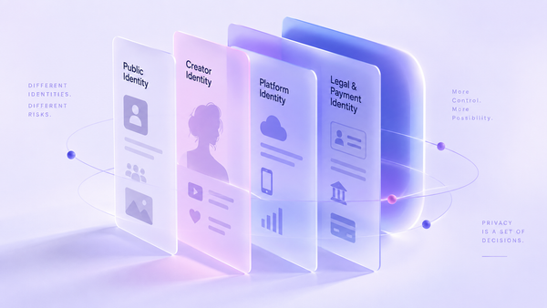 Four translucent layered cards labelled Public Identity, Creator Identity, Platform Identity and Legal & Payment Identity, each with its own icons, standing in a row inside an orbiting ring.
