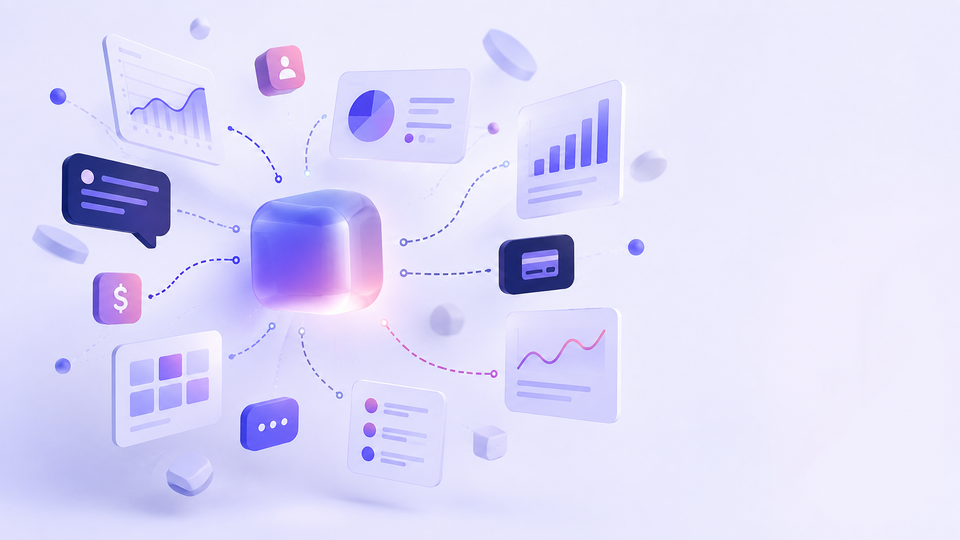 A glowing core surrounded by orbiting dashboard panels, charts and message shapes whose connecting lines almost meet but do not.