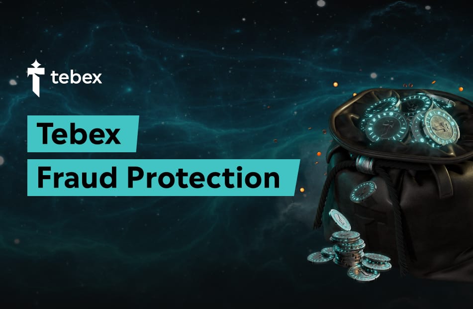Graphic illustrating Tebex fraud protection, emphasizing secure payment processes and fraud prevention for users.